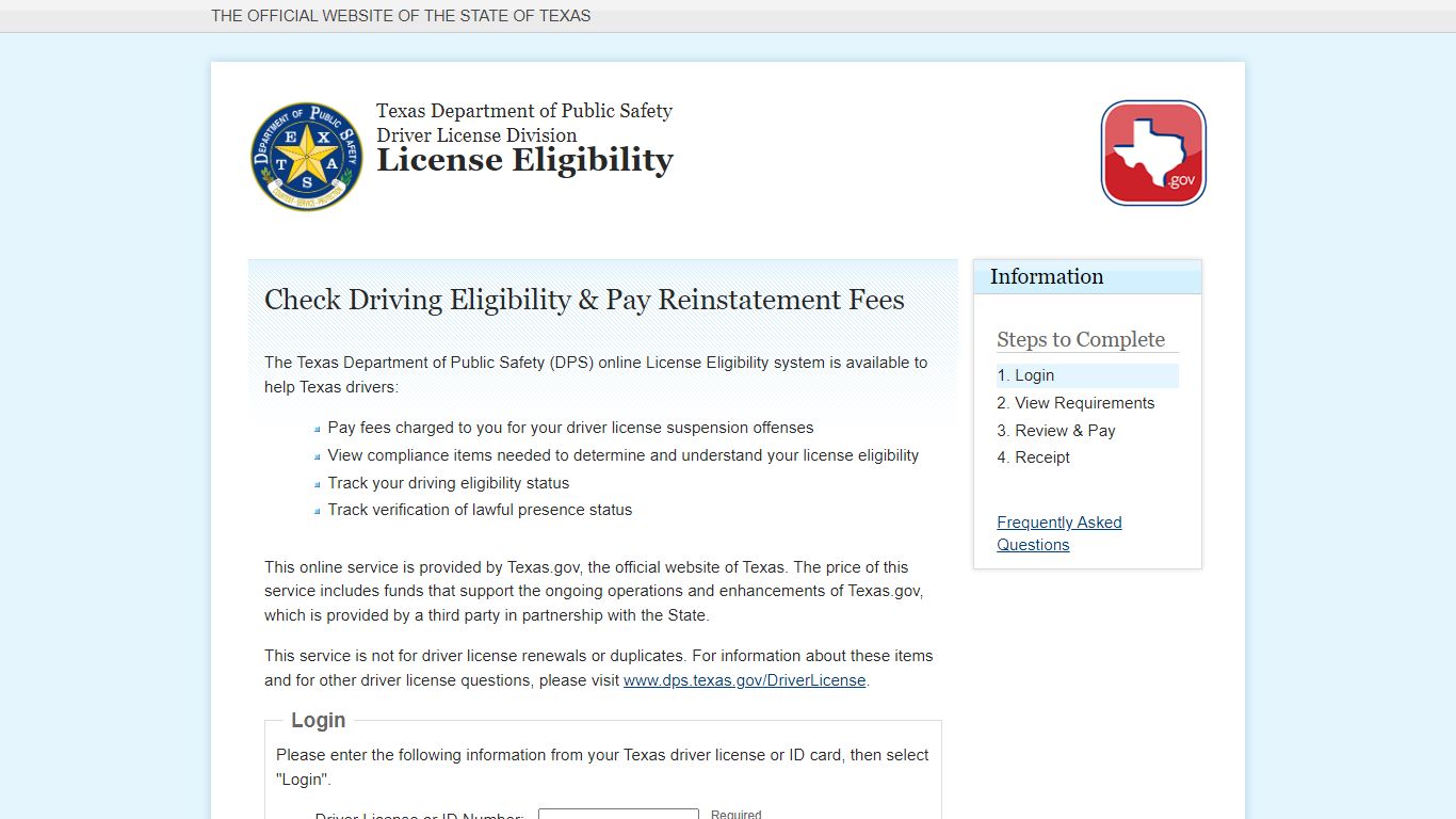 Welcome | Official Texas Driver License Eligibility System | Texas.gov